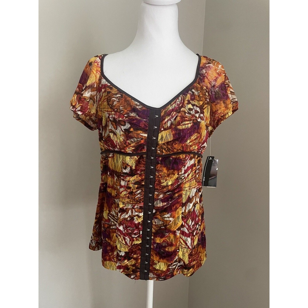 AGB Y2K Babydoll Top Women XL Sheer Sleeve Shirt Eye Hook Mesh Dead stock